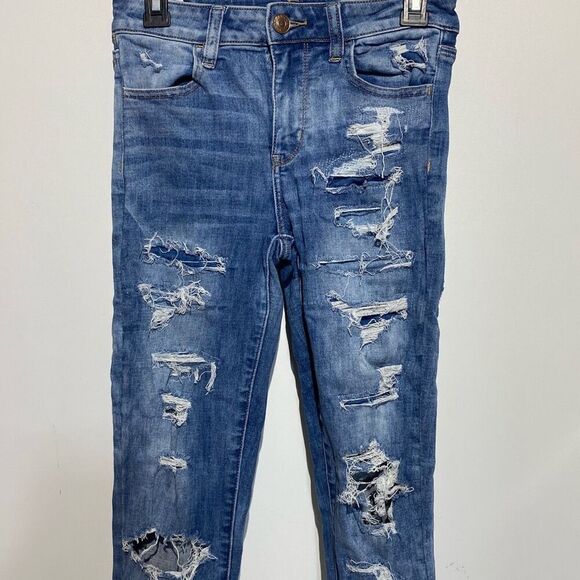 American Eagle Outfitters Women's Blue Distressed Hi-Rise Jegging Jeans Size 4 - Picture 1 of 11